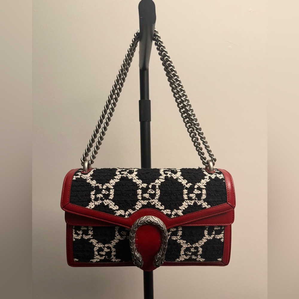 Gucci Dionysus GG Tweed Black and White Shoulder Bag with Red Leather Trim